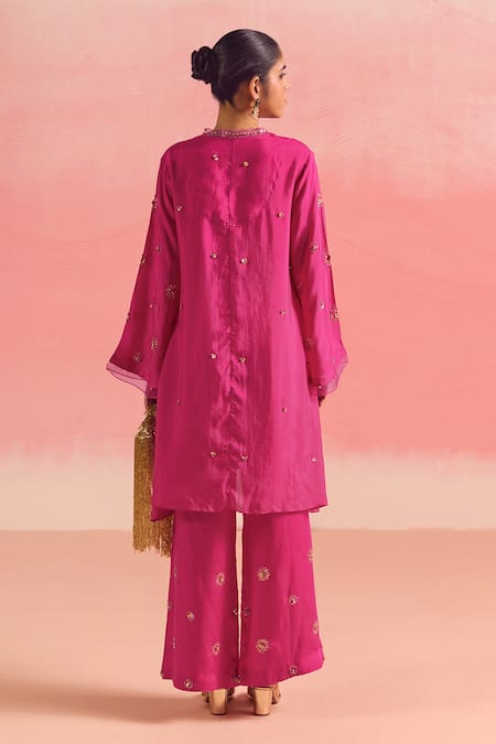 Shop One Not Two Pink Silk, Cotton, Satin Sequins, Crystals, Buti Embroidered Kurta And Pant Set at Aza Fashions Shop_One Not Two_Pink Silk, Cotton, Satin Sequins, Crystals, Buti Embroidered Kurta And Pant Set _at_Aza_Fashions