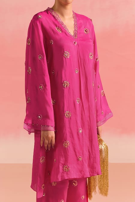 One Not Two Pink Silk, Cotton, Satin Sequins, Crystals, Buti Embroidered Kurta And Pant Set Online at Aza Fashions One Not Two_Pink Silk, Cotton, Satin Sequins, Crystals, Buti Embroidered Kurta And Pant Set _Online_at_Aza_Fashions