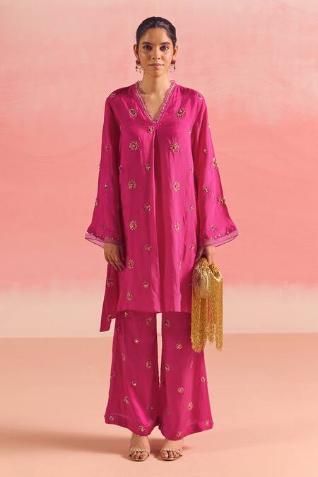 Buy One Not Two Pink Silk, Cotton, Satin Sequins, Crystals, Buti Embroidered Kurta And Pant Set Online at Aza Fashions Buy_One Not Two_Pink Silk, Cotton, Satin Sequins, Crystals, Buti Embroidered Kurta And Pant Set _Online_at_Aza_Fashions