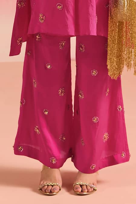 Shop One Not Two Pink Silk, Cotton, Satin Sequins, Crystals, Buti Embroidered Kurta And Pant Set Online at Aza Fashions Shop_One Not Two_Pink Silk, Cotton, Satin Sequins, Crystals, Buti Embroidered Kurta And Pant Set _Online_at_Aza_Fashions