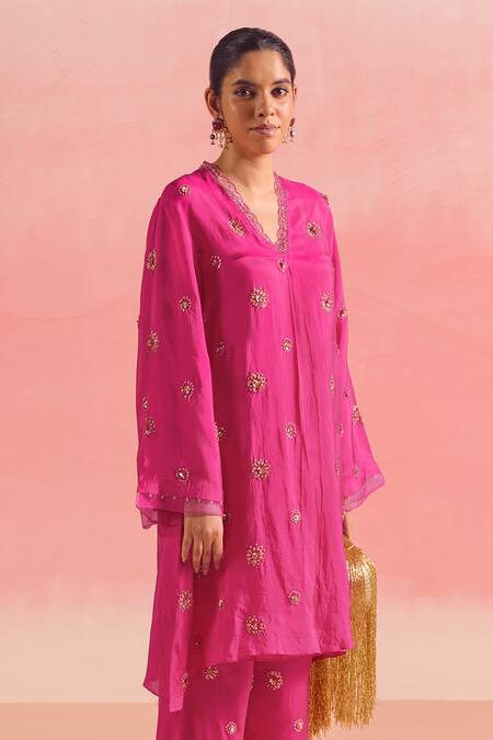 One Not Two Pink Silk, Cotton, Satin Sequins, Crystals, Buti Embroidered Kurta And Pant Set at Aza Fashions One Not Two_Pink Silk, Cotton, Satin Sequins, Crystals, Buti Embroidered Kurta And Pant Set _at_Aza_Fashions