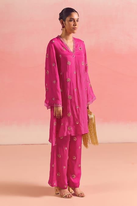 Buy One Not Two Pink Silk, Cotton, Satin Sequins, Crystals, Buti Embroidered Kurta And Pant Set Buy_One Not Two_Pink Silk, Cotton, Satin Sequins, Crystals, Buti Embroidered Kurta And Pant Set