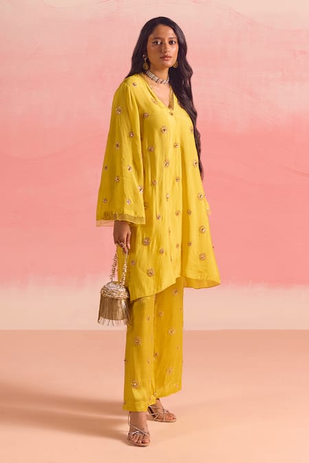 Shop One Not Two Yellow Silk, Cotton, Satin Sequins, Embroidered Pleated Yoke Kurta And Pant Set at Aza Fashions Shop_One Not Two_Yellow Silk, Cotton, Satin Sequins, Embroidered Pleated Yoke Kurta And Pant Set _at_Aza_Fashions