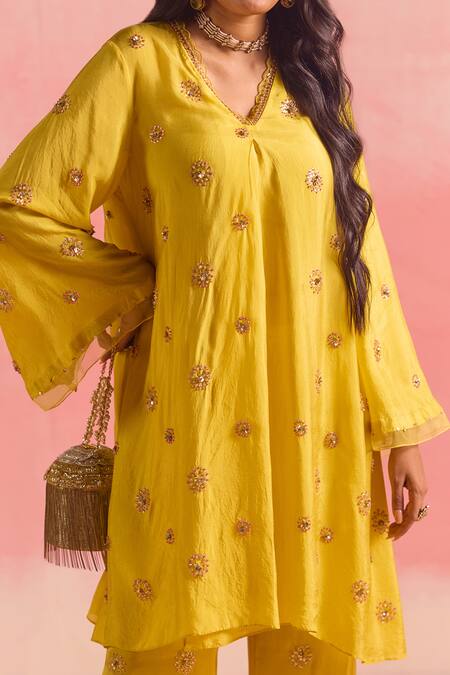 One Not Two Yellow Silk, Cotton, Satin Sequins, Embroidered Pleated Yoke Kurta And Pant Set Online at Aza Fashions One Not Two_Yellow Silk, Cotton, Satin Sequins, Embroidered Pleated Yoke Kurta And Pant Set _Online_at_Aza_Fashions