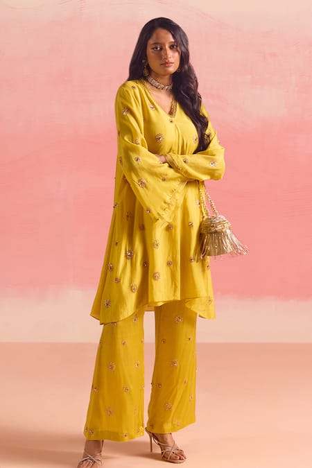 Buy One Not Two Yellow Silk, Cotton, Satin Sequins, Embroidered Pleated Yoke Kurta And Pant Set Online at Aza Fashions Buy_One Not Two_Yellow Silk, Cotton, Satin Sequins, Embroidered Pleated Yoke Kurta And Pant Set _Online_at_Aza_Fashions