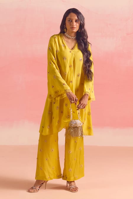 Shop One Not Two Yellow Silk, Cotton, Satin Sequins, Embroidered Pleated Yoke Kurta And Pant Set Online at Aza Fashions Shop_One Not Two_Yellow Silk, Cotton, Satin Sequins, Embroidered Pleated Yoke Kurta And Pant Set _Online_at_Aza_Fashions