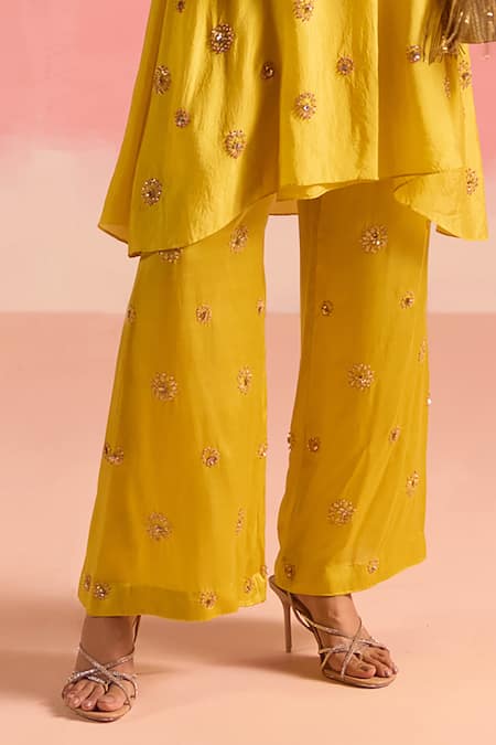 One Not Two Yellow Silk, Cotton, Satin Sequins, Embroidered Pleated Yoke Kurta And Pant Set at Aza Fashions One Not Two_Yellow Silk, Cotton, Satin Sequins, Embroidered Pleated Yoke Kurta And Pant Set _at_Aza_Fashions