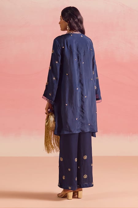 Shop One Not Two Blue Silk, Cotton, Satin Buti Embroidered Scallop Edged Kurta And Pant Set at Aza Fashions Shop_One Not Two_Blue Silk, Cotton, Satin Buti Embroidered Scallop Edged Kurta And Pant Set _at_Aza_Fashions