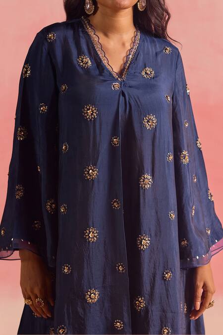 One Not Two Blue Silk, Cotton, Satin Buti Embroidered Scallop Edged Kurta And Pant Set Online at Aza Fashions One Not Two_Blue Silk, Cotton, Satin Buti Embroidered Scallop Edged Kurta And Pant Set _Online_at_Aza_Fashions