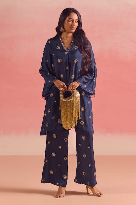 Buy One Not Two Blue Silk, Cotton, Satin Buti Embroidered Scallop Edged Kurta And Pant Set Online at Aza Fashions Buy_One Not Two_Blue Silk, Cotton, Satin Buti Embroidered Scallop Edged Kurta And Pant Set _Online_at_Aza_Fashions