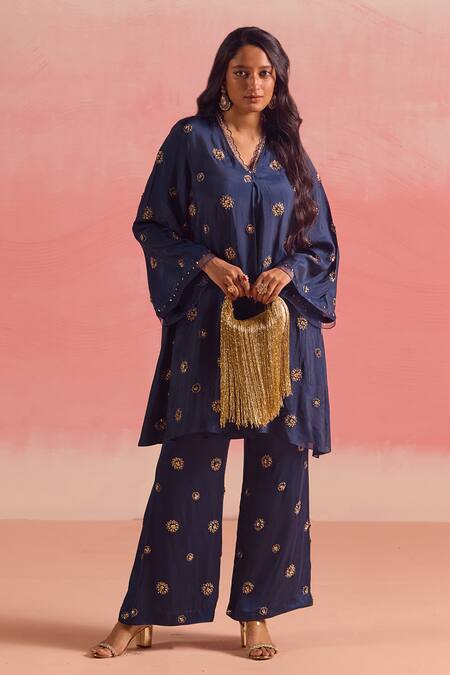 Shop One Not Two Blue Silk, Cotton, Satin Buti Embroidered Scallop Edged Kurta And Pant Set Online at Aza Fashions Shop_One Not Two_Blue Silk, Cotton, Satin Buti Embroidered Scallop Edged Kurta And Pant Set _Online_at_Aza_Fashions