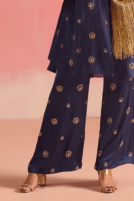 One Not Two Blue Silk, Cotton, Satin Buti Embroidered Scallop Edged Kurta And Pant Set at Aza Fashions One Not Two_Blue Silk, Cotton, Satin Buti Embroidered Scallop Edged Kurta And Pant Set _at_Aza_Fashions