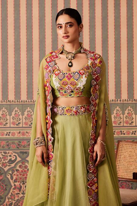 Pankti Chheda_Green Silk, Organza Pearls, Gardenia Applique Embroidered Cape And Lehenga Set _Online_at_Aza_Fashions