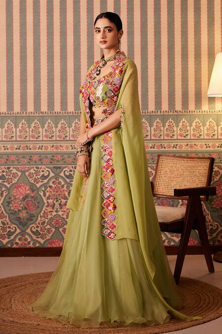 Shop_Pankti Chheda_Green Silk, Organza Pearls, Gardenia Applique Embroidered Cape And Lehenga Set _Online_at_Aza_Fashions