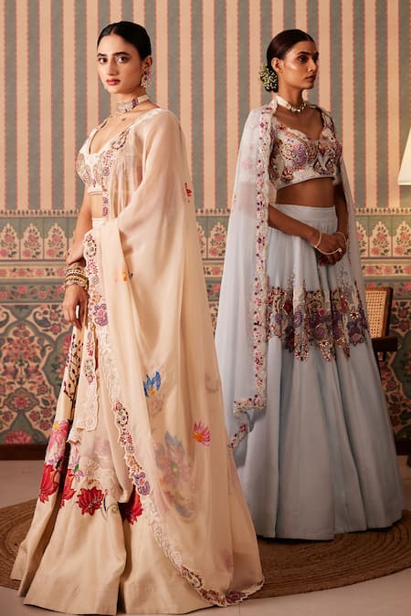 Pankti Chheda_Ivory Silk Beads, Pearls, Sequins, Embroidery Gul Hand Painted And Lehenga Set _Online_at_Aza_Fashions