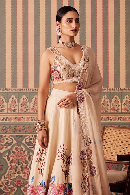Pankti Chheda_Ivory Silk Beads, Pearls, Sequins, Embroidery Gul Hand Painted And Lehenga Set _at_Aza_Fashions