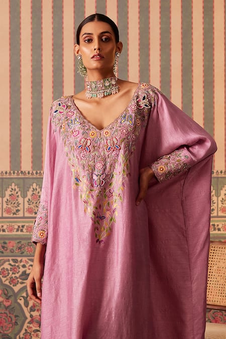 Buy_Pankti Chheda_Pink Silk Applique V-neck 3d Butterfly Garden Embroidered Kaftan With Pant _Online_at_Aza_Fashions