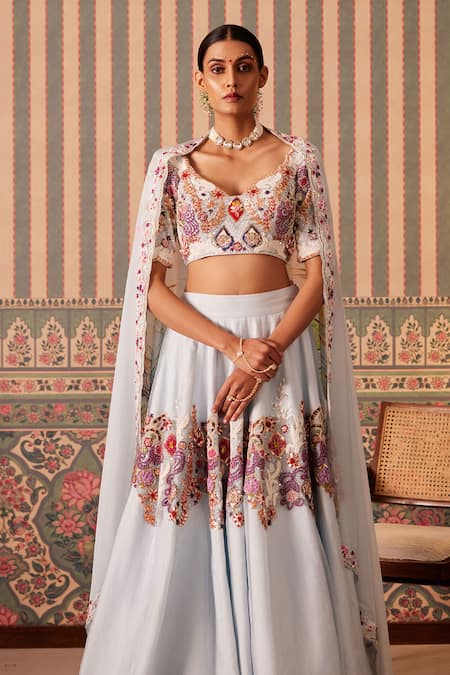 Pankti Chheda_Blue Silk, Organza Embroidery, Sequins, Gota Patti, Ambrosia Wave Lehenga Set _Online_at_Aza_Fashions