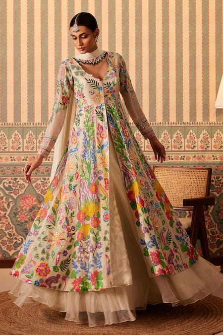 Shop_Pankti Chheda_Green Silk, Organza Sequins, Natural Bloom Hand Painted Jacket And Lehenga Set _Online_at_Aza_Fashions