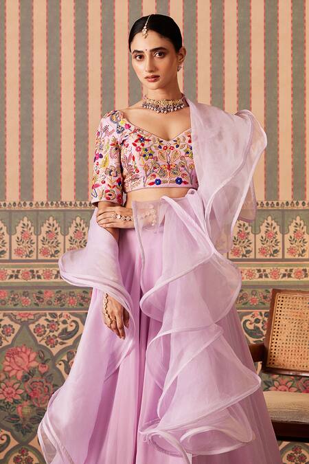 Pankti Chheda_Purple Silk, Organza Cut Work, Sequins Boat Garden Bloom Embroidered Lehenga Set _Online_at_Aza_Fashions