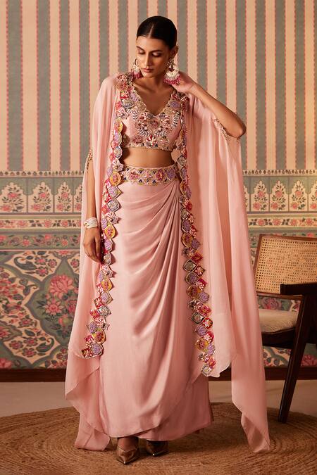 Pankti Chheda_Pink Silk, Organza Sequins, Beads, Phool Mahal Applique Cape And Draped Skirt Set _Online_at_Aza_Fashions