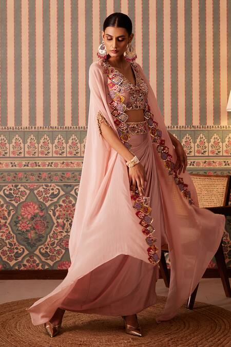 Buy_Pankti Chheda_Pink Silk, Organza Sequins, Beads, Phool Mahal Applique Cape And Draped Skirt Set _Online_at_Aza_Fashions