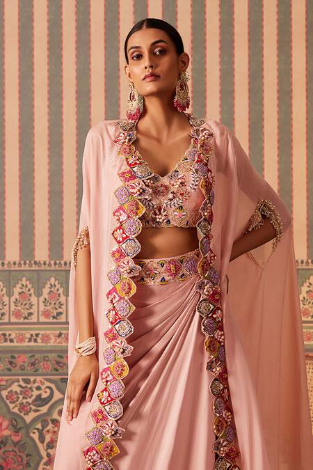 Shop_Pankti Chheda_Pink Silk, Organza Sequins, Beads, Phool Mahal Applique Cape And Draped Skirt Set _Online_at_Aza_Fashions