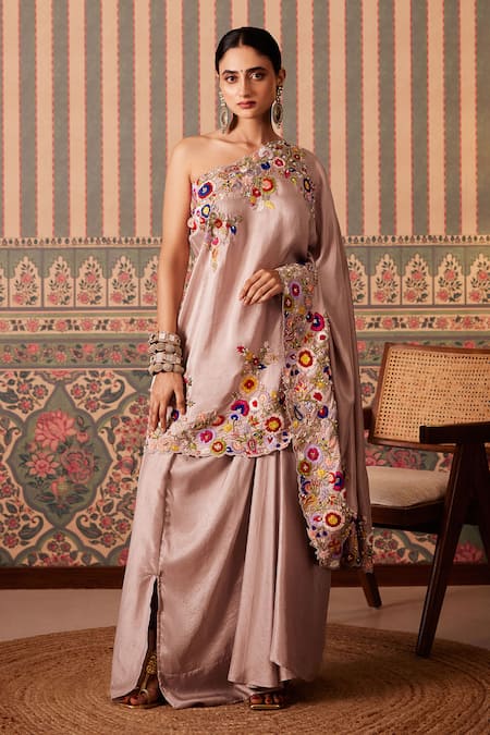 Pankti Chheda Purple Silk Embroidery Applique One Shoulder Gullista Cape With Draped Skirt 