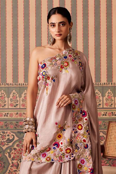 Pankti Chheda_Purple Silk Pearls, Embroidery Gullista One Shoulder Cape With Draped Skirt _Online_at_Aza_Fashions