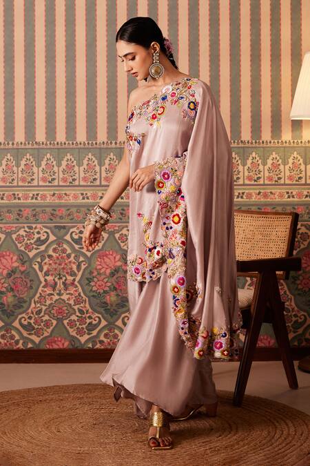Buy_Pankti Chheda_Purple Silk Pearls, Embroidery Gullista One Shoulder Cape With Draped Skirt _Online_at_Aza_Fashions