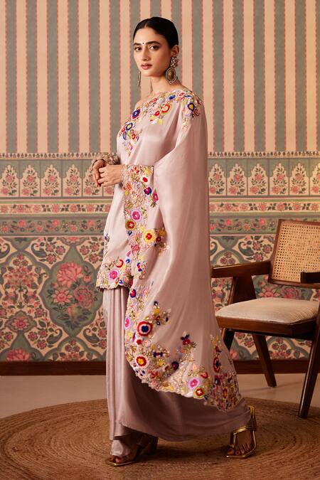 Shop_Pankti Chheda_Purple Silk Pearls, Embroidery Gullista One Shoulder Cape With Draped Skirt _Online_at_Aza_Fashions