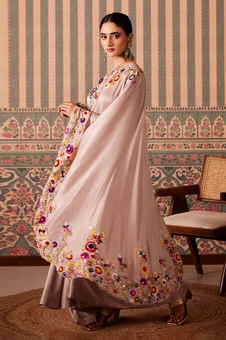 Pankti Chheda_Purple Silk Pearls, Embroidery Gullista One Shoulder Cape With Draped Skirt _at_Aza_Fashions