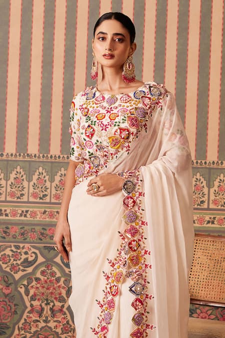 Pankti Chheda_White Silk, Organza Pearls, Gulshan Embroidered Cutwork Border Saree With Blouse _Online_at_Aza_Fashions