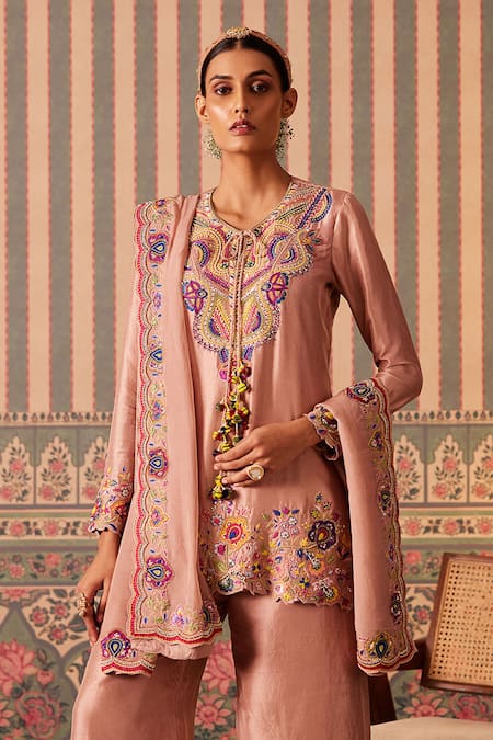 Pankti Chheda_Pink Silk, Organza Sequins, Stones, Bahara Embroidered Kurti Palazzo Set _Online_at_Aza_Fashions