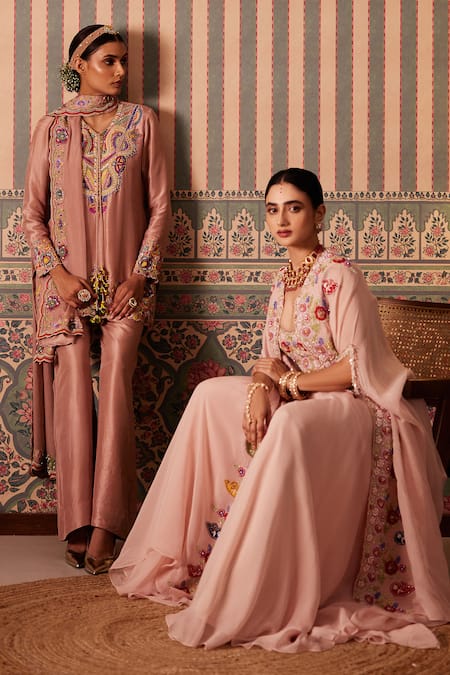 Buy_Pankti Chheda_Pink Silk, Organza Sequins, Stones, Bahara Embroidered Kurti Palazzo Set _Online_at_Aza_Fashions