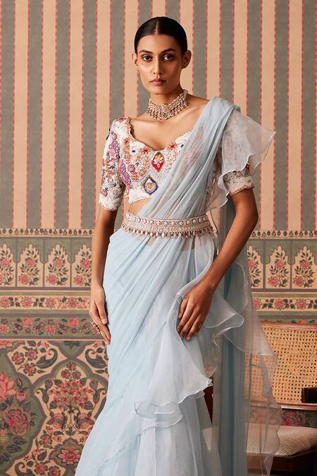 Pankti Chheda_Blue Chiffon, Organza Solid Mermaid Pre-draped Ruffled Saree With Blouse _Online_at_Aza_Fashions