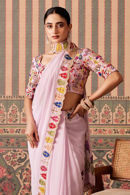 Pankti Chheda_Purple Silk, Organza Embroidery, Sequins, Phool Bahar Border Saree With Blouse _Online_at_Aza_Fashions