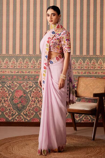 Buy_Pankti Chheda_Purple Silk, Organza Embroidery, Sequins, Phool Bahar Border Saree With Blouse _Online_at_Aza_Fashions
