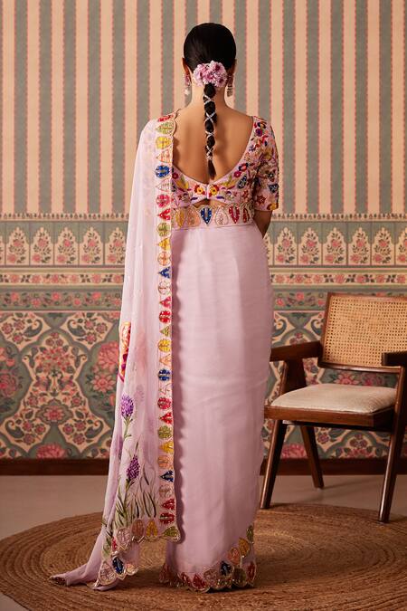 Shop_Pankti Chheda_Purple Silk, Organza Embroidery, Sequins, Phool Bahar Border Saree With Blouse _Online_at_Aza_Fashions
