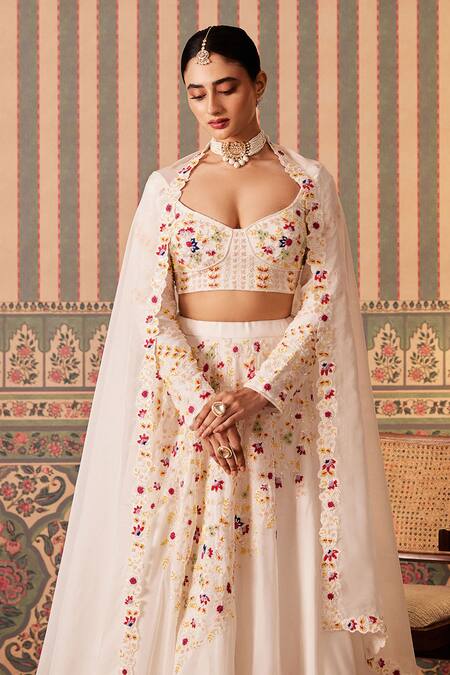 Pankti Chheda_White Silk, Organza Pearls, Stones, Embroidery Ditsy Bloom Lehenga Set _Online_at_Aza_Fashions