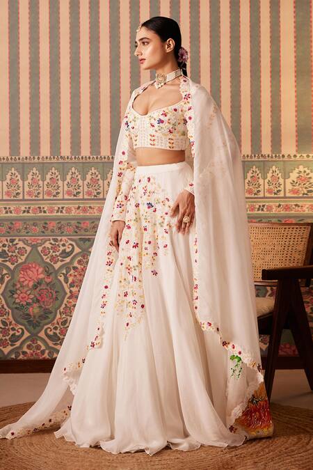 Buy_Pankti Chheda_White Silk, Organza Pearls, Stones, Embroidery Ditsy Bloom Lehenga Set _Online_at_Aza_Fashions