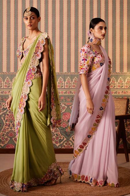 Pankti Chheda_Green Silk, Organza Sequins, Paisley Bloom Cutwork Border Saree With Blouse _Online_at_Aza_Fashions