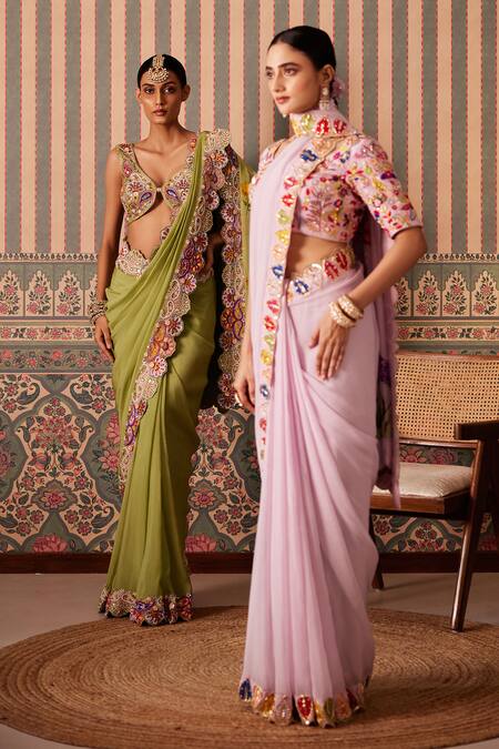 Buy_Pankti Chheda_Green Silk, Organza Sequins, Paisley Bloom Cutwork Border Saree With Blouse _Online_at_Aza_Fashions
