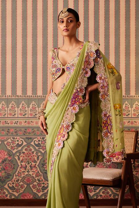Buy_Pankti Chheda_Green Silk, Organza Sequins, Paisley Bloom Cutwork Border Saree With Blouse 