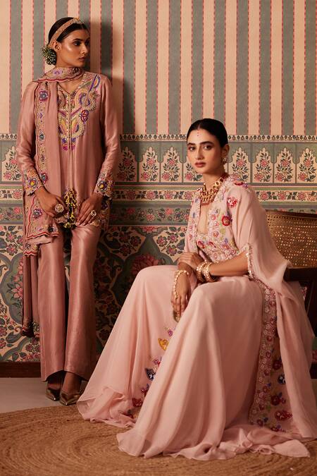Pankti Chheda_Pink Silk, Organza Pearls, Embroidery, Sequins Open Florence Cape And Sharara Set _Online_at_Aza_Fashions