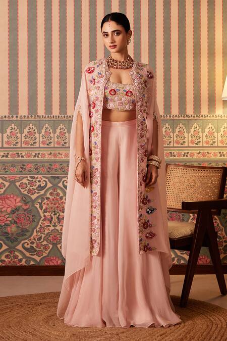Buy_Pankti Chheda_Pink Silk, Organza Pearls, Embroidery, Sequins Open Florence Cape And Sharara Set _Online_at_Aza_Fashions
