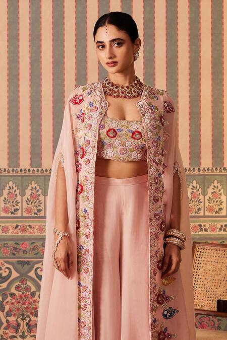 Shop_Pankti Chheda_Pink Silk, Organza Pearls, Embroidery, Sequins Open Florence Cape And Sharara Set _Online_at_Aza_Fashions