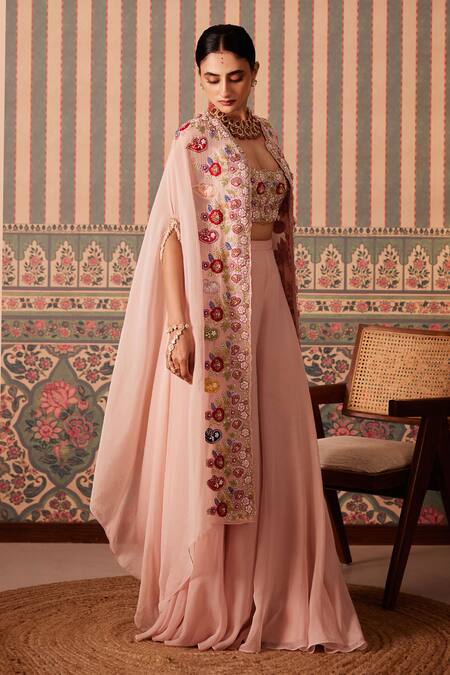 Pankti Chheda_Pink Silk, Organza Pearls, Embroidery, Sequins Open Florence Cape And Sharara Set _at_Aza_Fashions