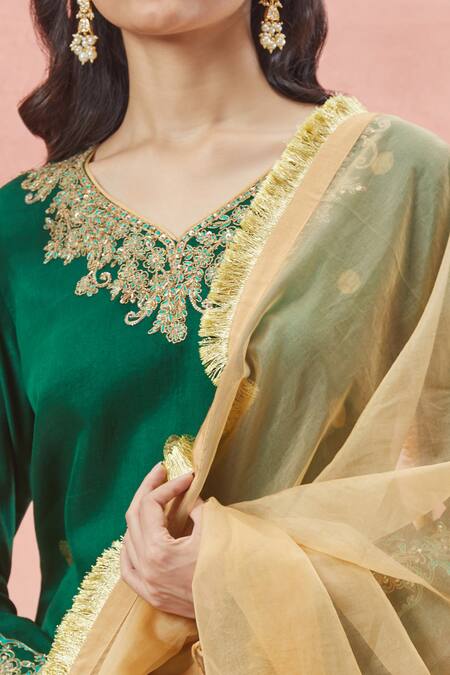 Rar Studio_Green Chanderi, Silk, Cotton Embroidery, Gul Dori And Aari Kurta & Lehenga Set _Online_at_Aza_Fashions