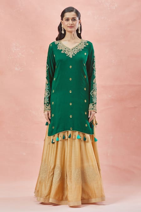 Shop_Rar Studio_Green Chanderi, Silk, Cotton Embroidery, Gul Dori And Aari Kurta & Lehenga Set _Online_at_Aza_Fashions